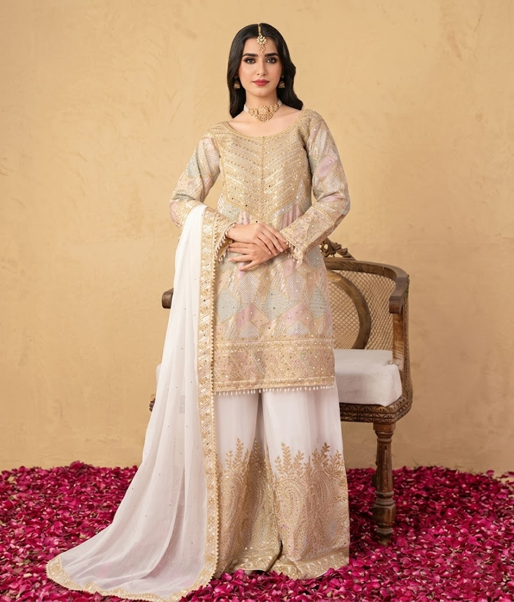 Gold Sequin Net Gharara