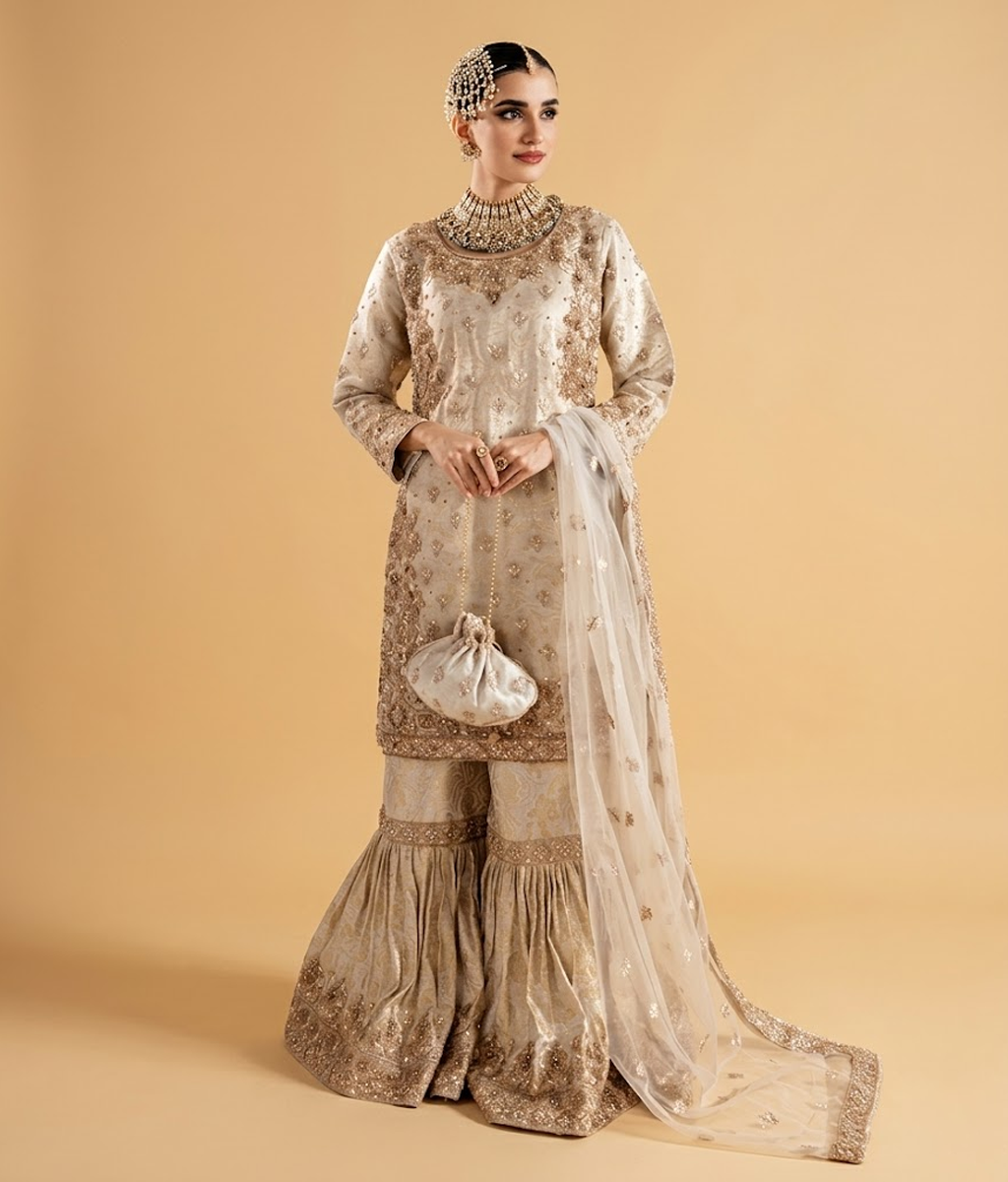 Gold Zardozi & Hand-Embroidered Jamawar Gharara
