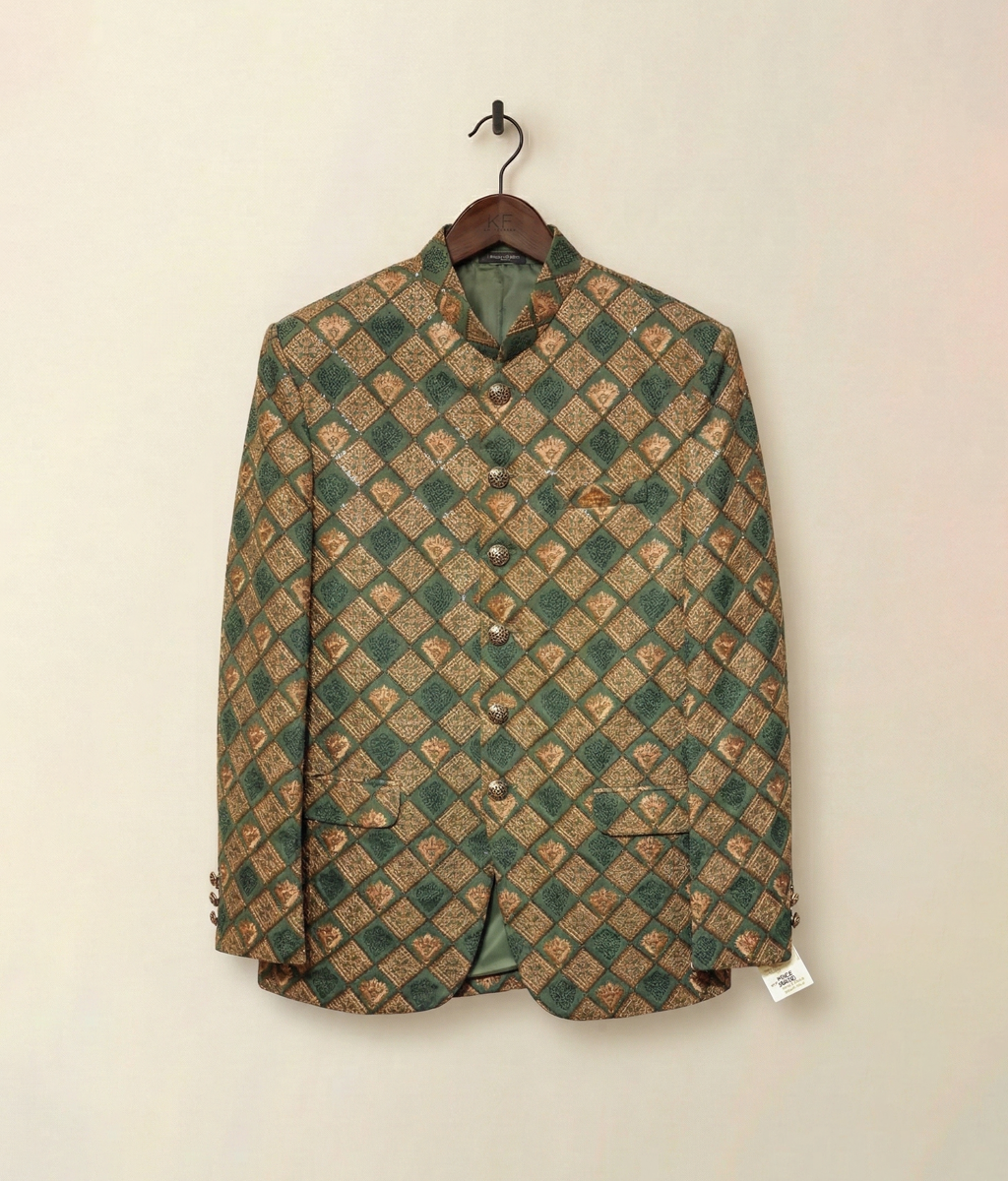 Gold and Green Sequence Raw Silk Prince Coat