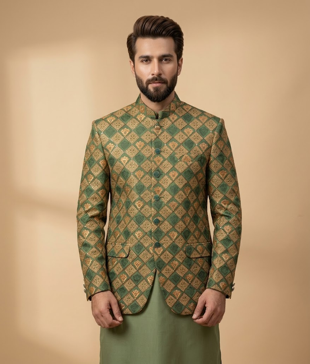 Gold and Green Sequence Raw Silk Prince Coat