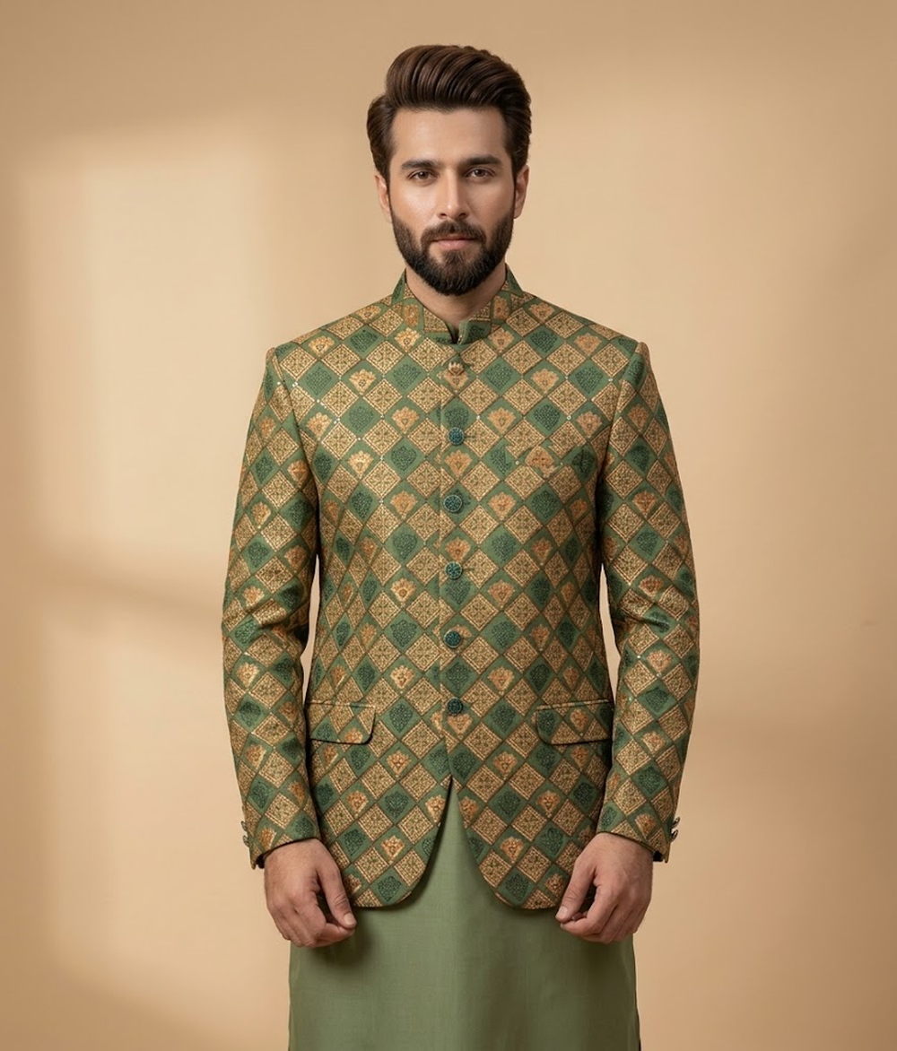 Gold and Green Sequence Raw Silk Prince Coat