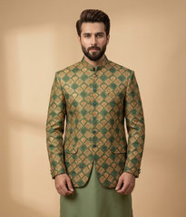 Gold and Green Sequence Raw Silk Prince Coat
