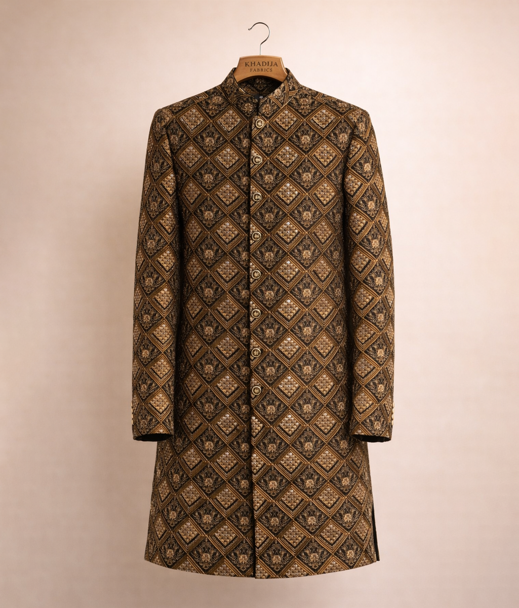 Gold and black sequin velvet sherwani