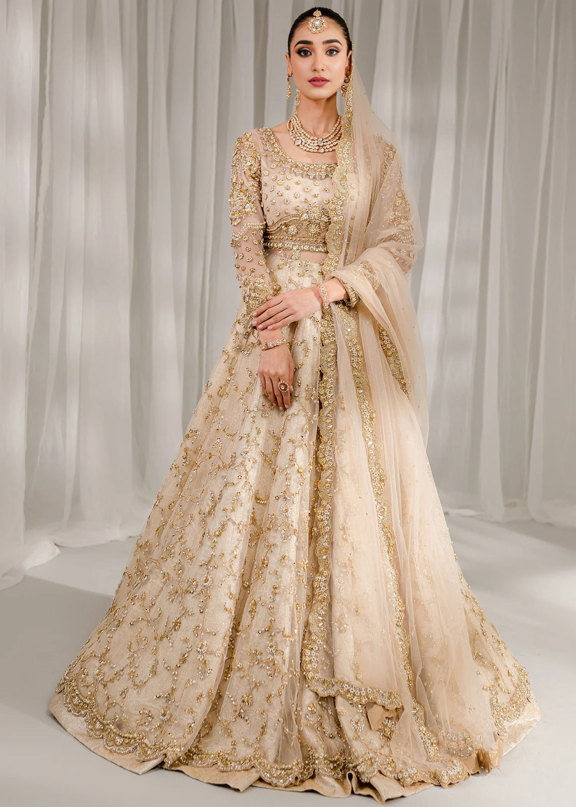 Golden Sand Zardozi & Pearl Embellished Lehnga