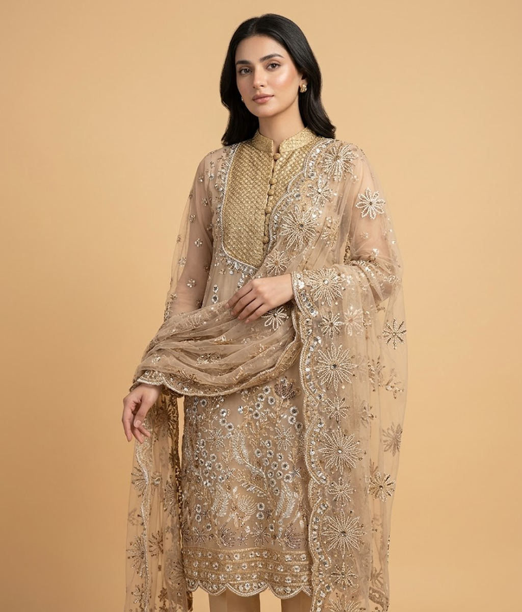 Golden Cut Dana Net 2 Piece Shirt and Dupatta