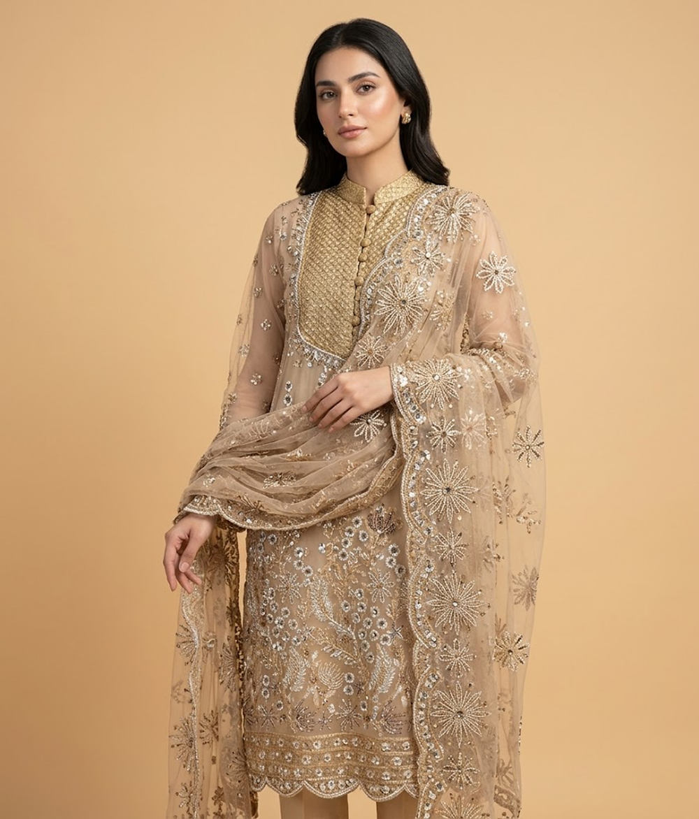 Golden Cut Dana Net 2 Piece Shirt and Dupatta