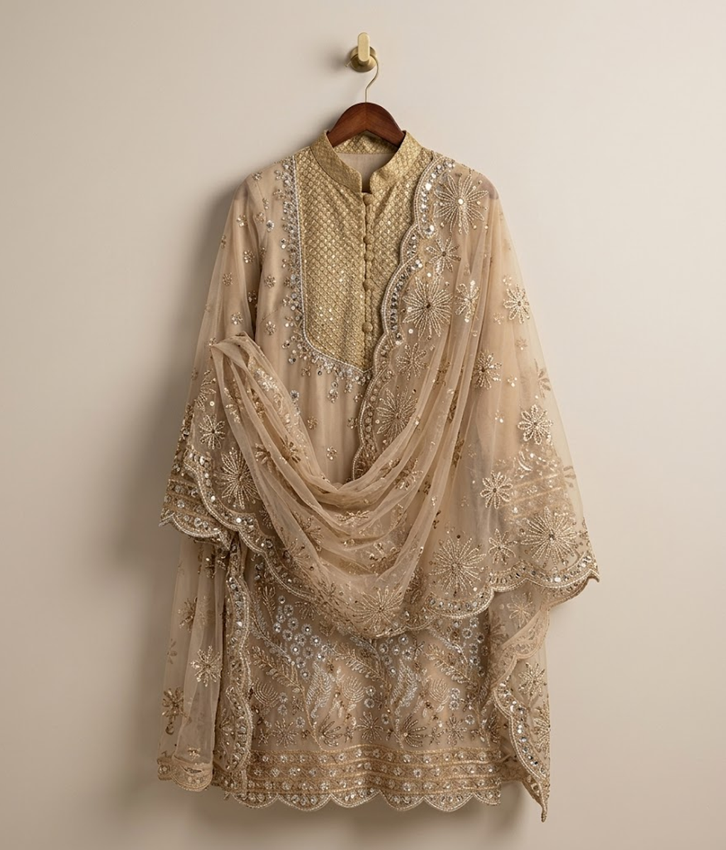 Golden Cut Dana Net 2 Piece Shirt and Dupatta