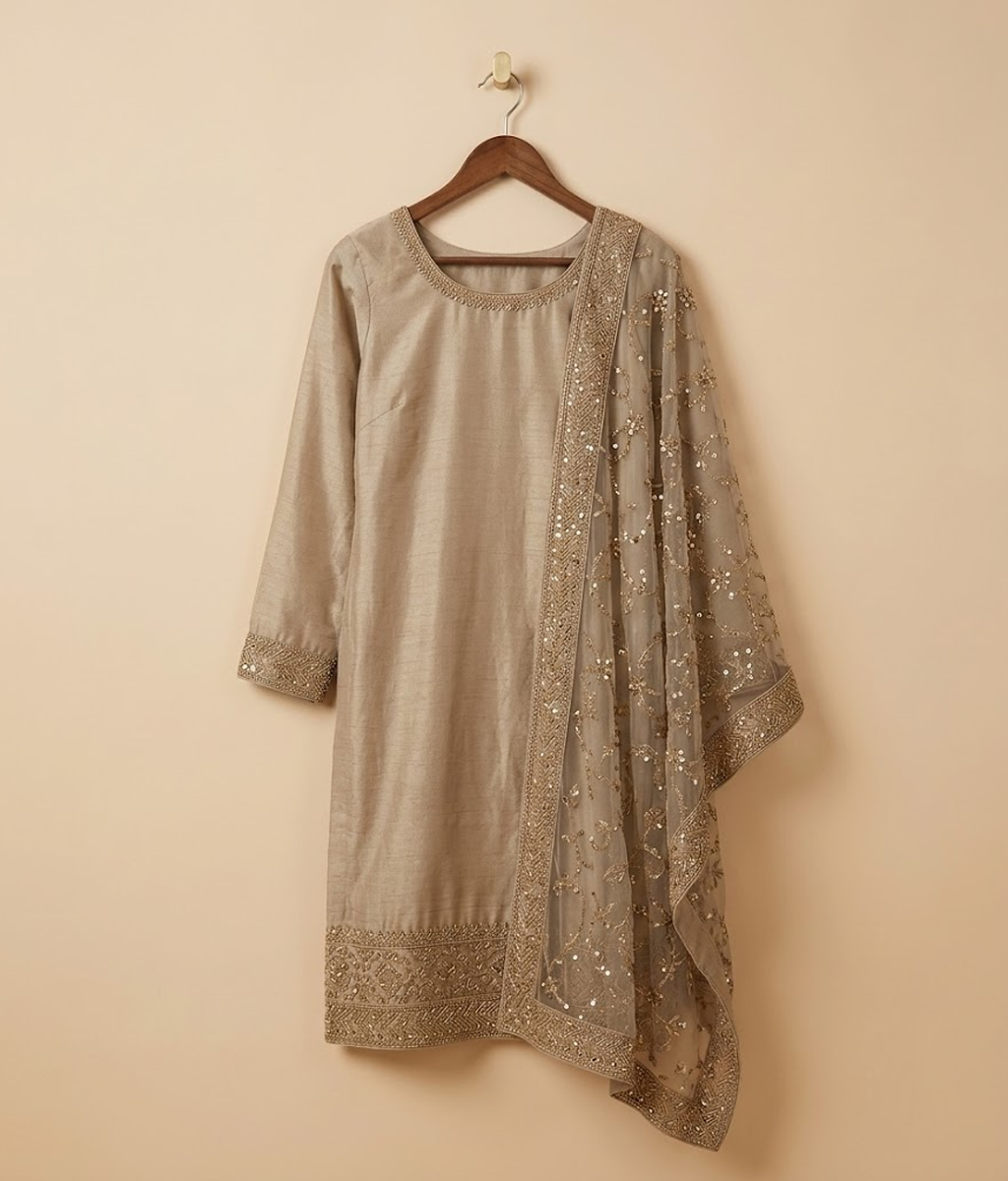 Golden Raw Silk 2 Piece Shirt and Dupatta