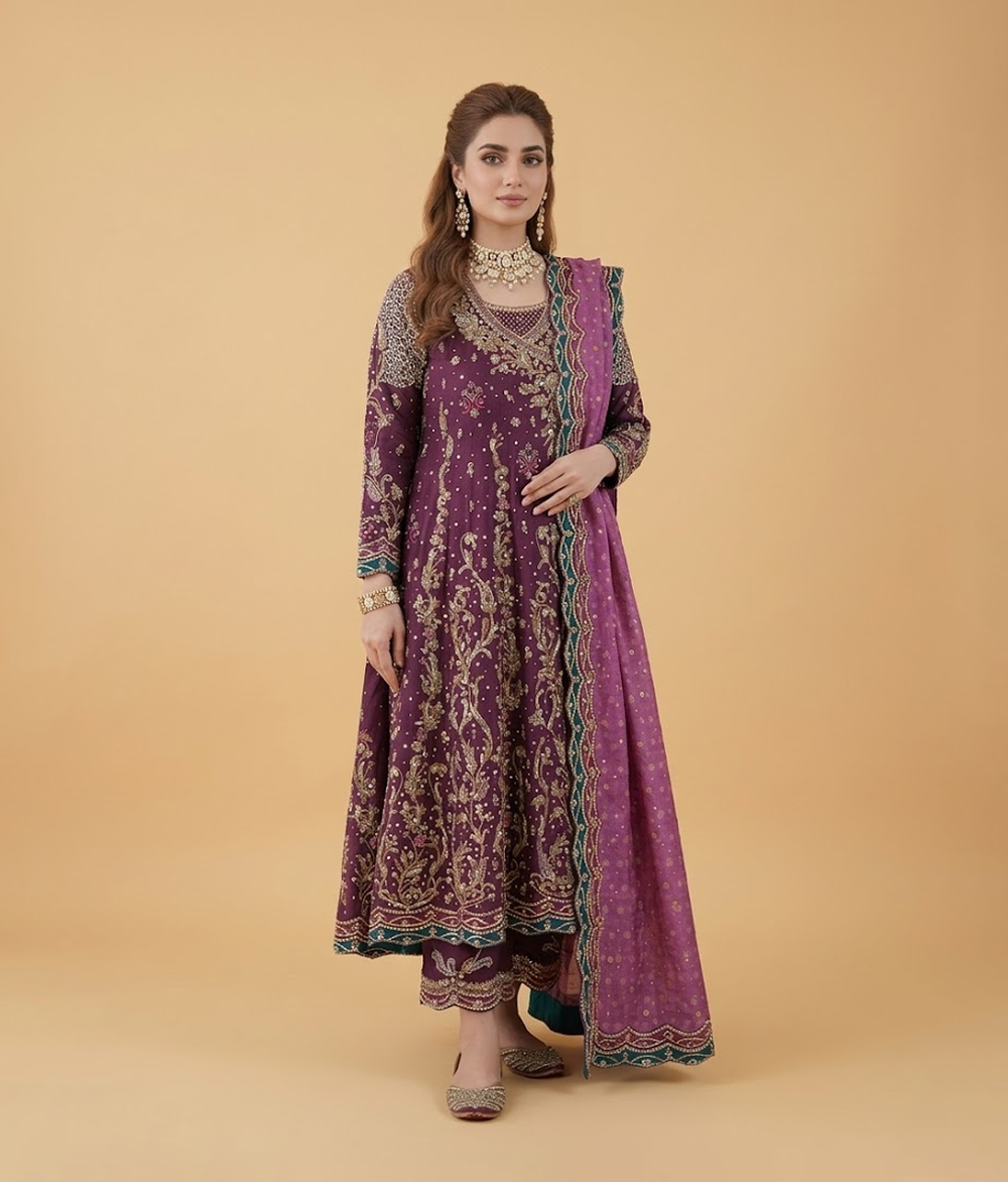 Grape Purple Hand-Embellished Zardozi Kalidar Anarkali