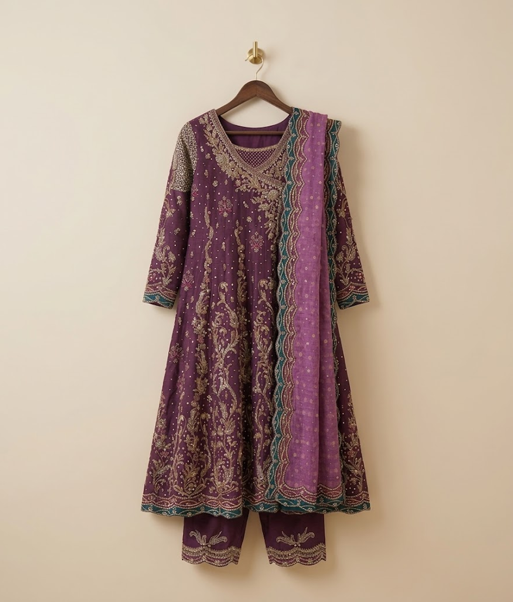 Grape Purple Hand-Embellished Zardozi Kalidar Anarkali