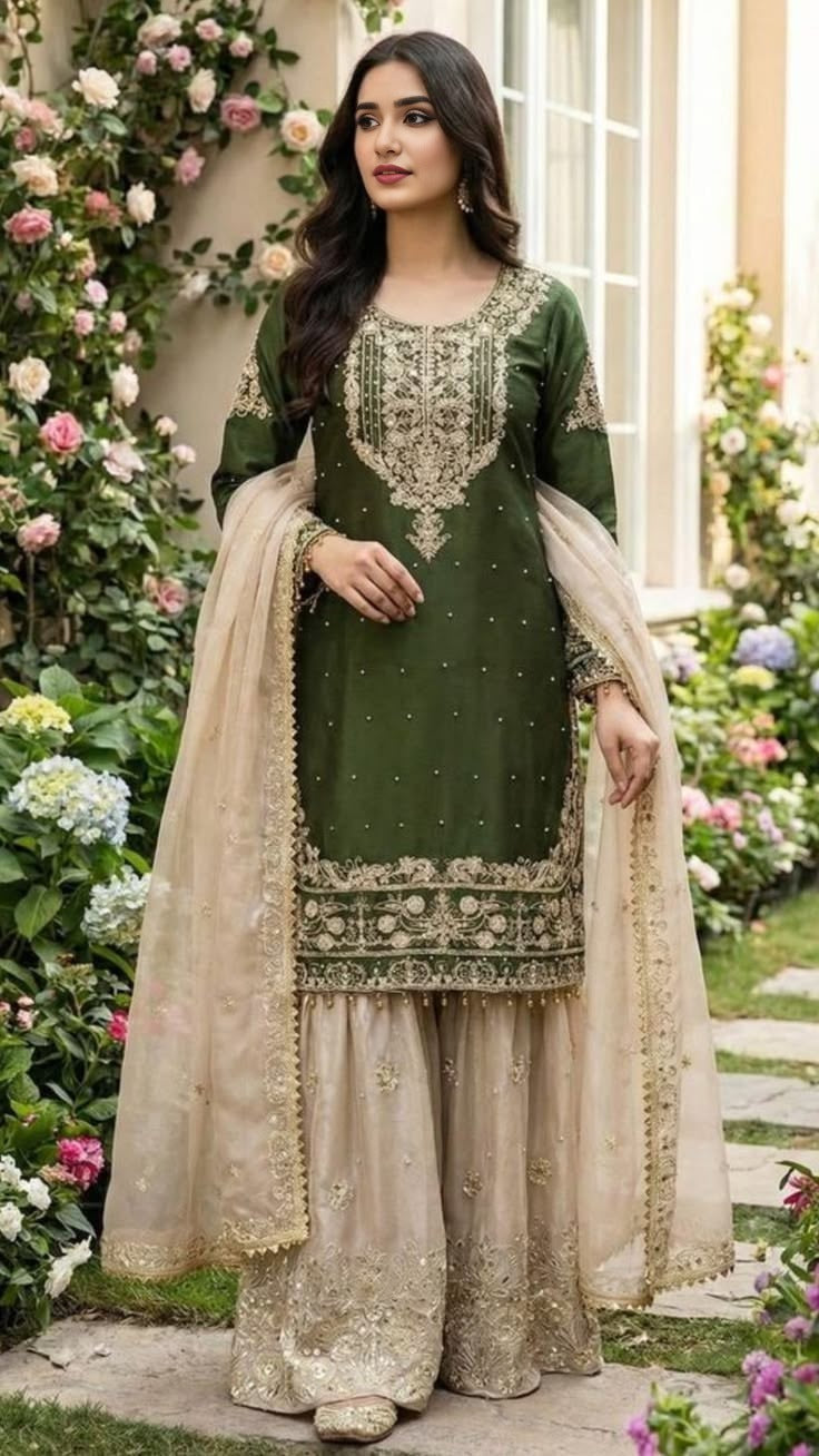 Green Silk Contrast Gharara