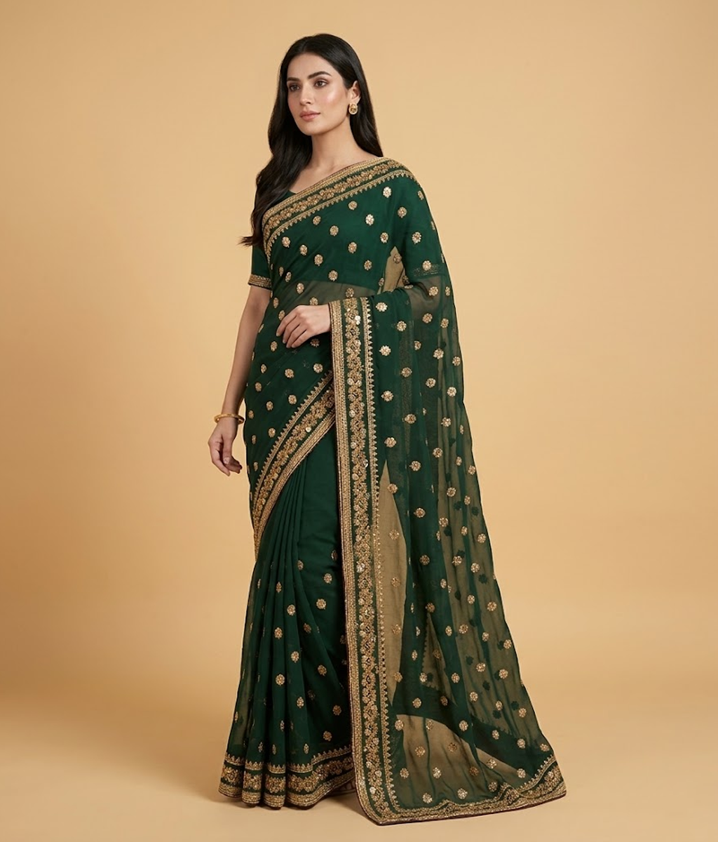 Green Butti & Zari Border Chiffon Saree