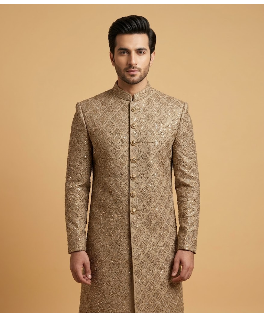 Green Heavily Beaded Khadi Kumbal Style Jamawar Dulha House