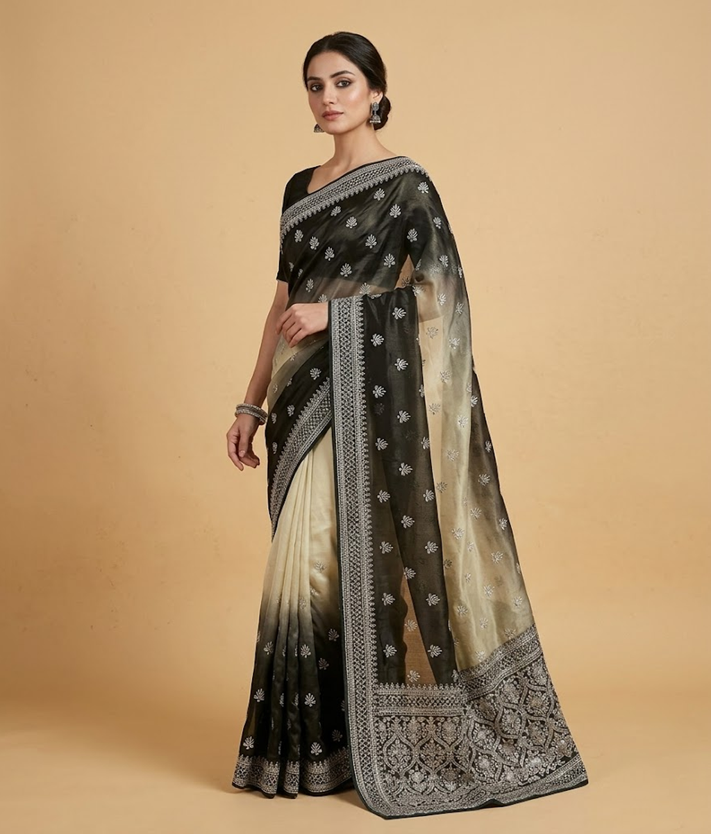 Green Ombre Chiffon Saree with Silk Blouse