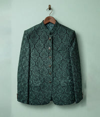 Green Plain Embroidered Raw Silk Prince Coat