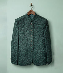 Green Plain Embroidered Raw Silk Prince Coat