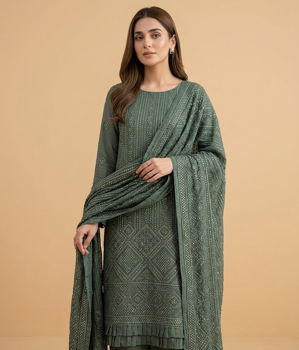 Green Raw Silk 2 Piece Shirt and Dupatta