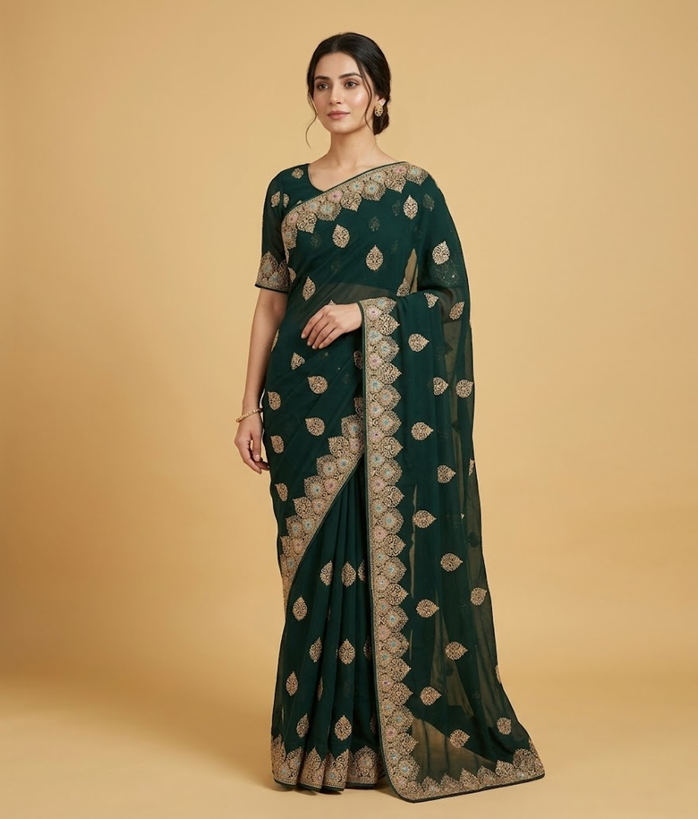 Green Tilla & metallic threadwork Chiffon Saree