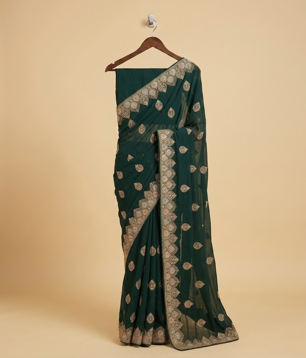 Green Tilla & metallic threadwork Chiffon Saree