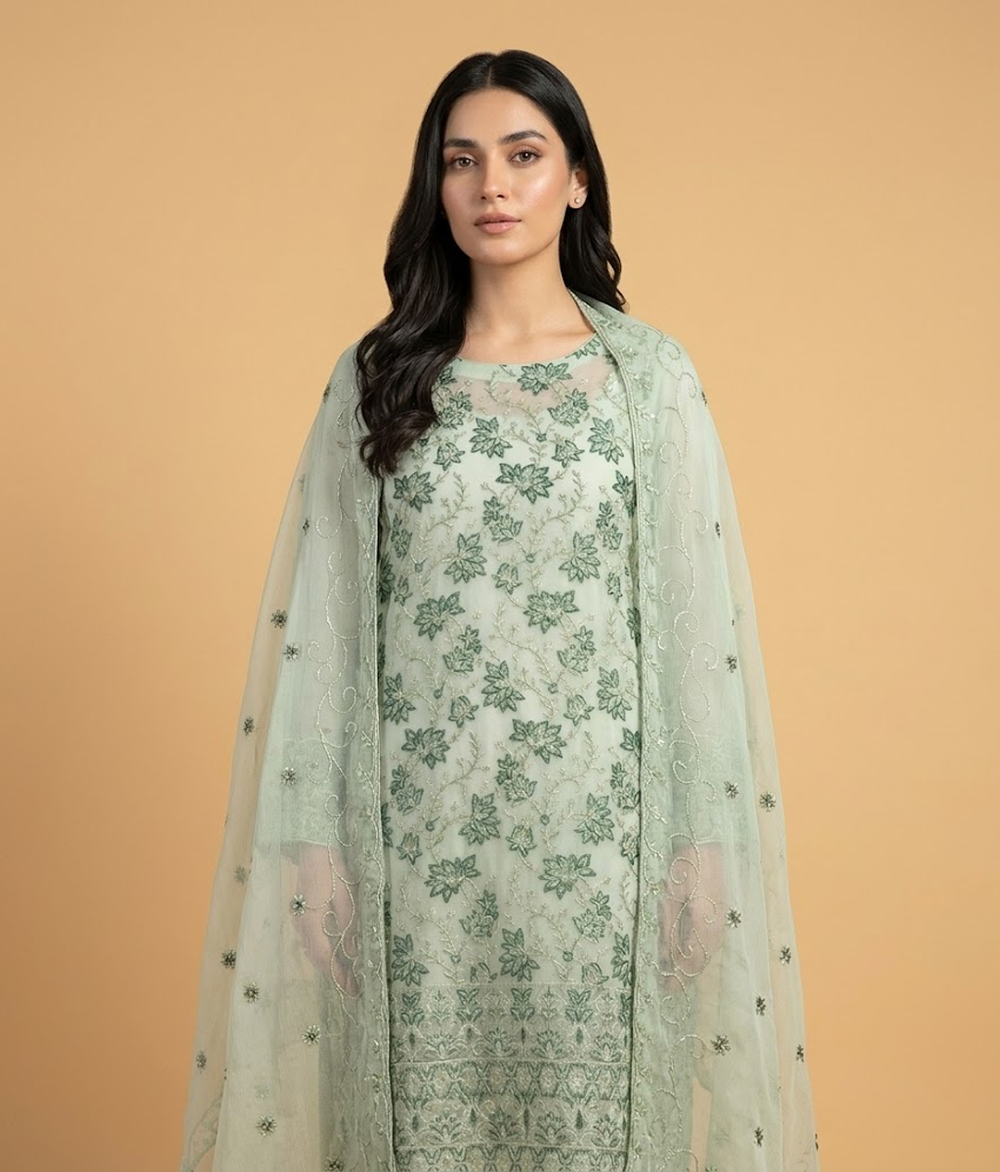 Green and Beige Chiffon 2 Piece Shirt and Dupatta