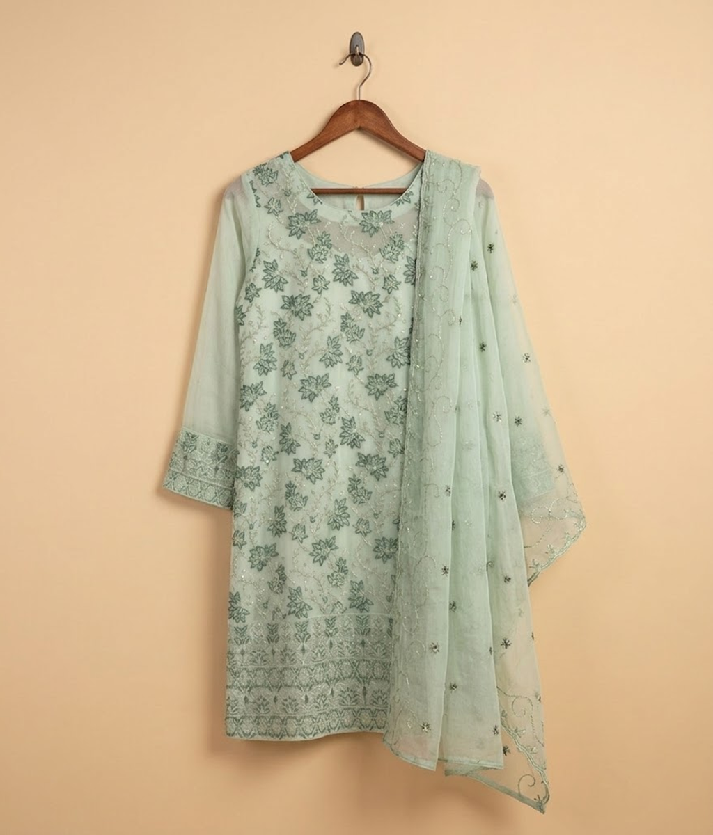 Green and Beige Chiffon 2 Piece Shirt and Dupatta