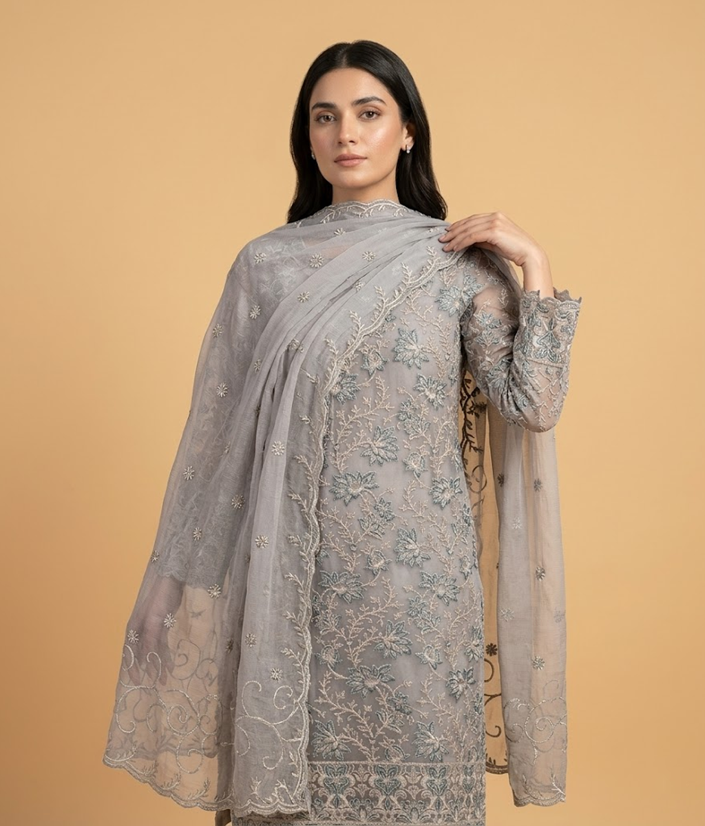 Green and Grey Chiffon 2 Piece Shirt and Dupatta