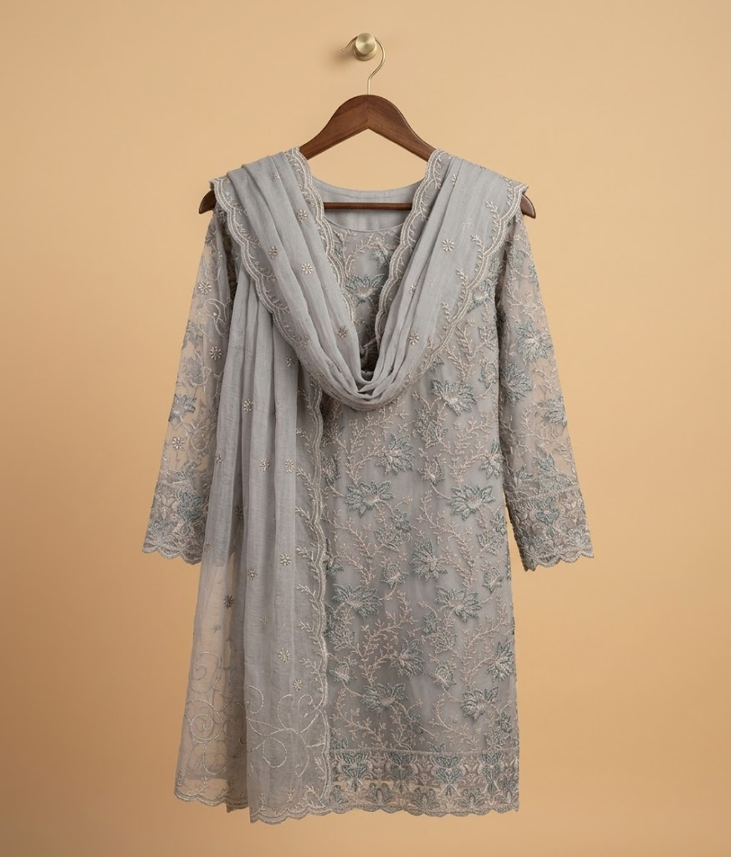 Green and Grey Chiffon 2 Piece Shirt and Dupatta
