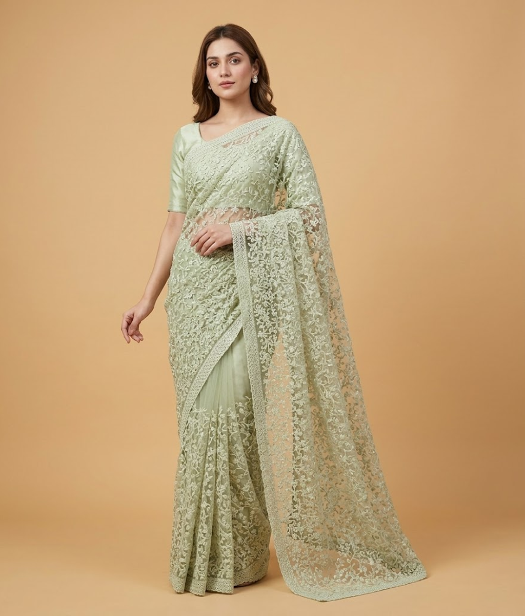 Green and silver Embroidered Jaal Net Saree