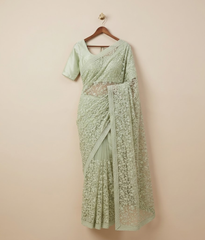 Green and silver Embroidered Jaal Net Saree