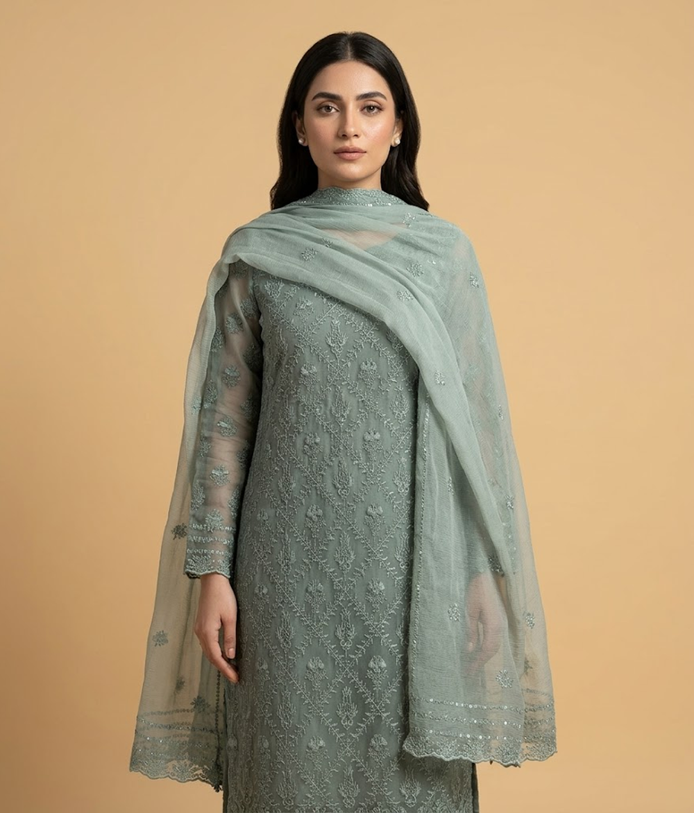 Greenish Grey Chiffon 2 Piece Shirt and Dupatta