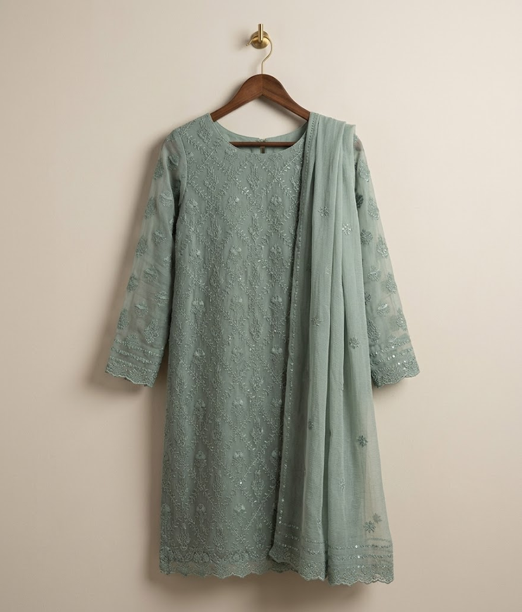 Greenish Grey Chiffon 2 Piece Shirt and Dupatta