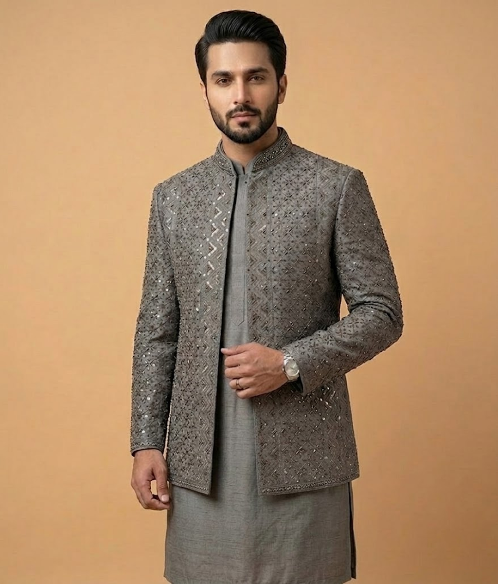 Grey Crystal Work Jamawar Dulha House