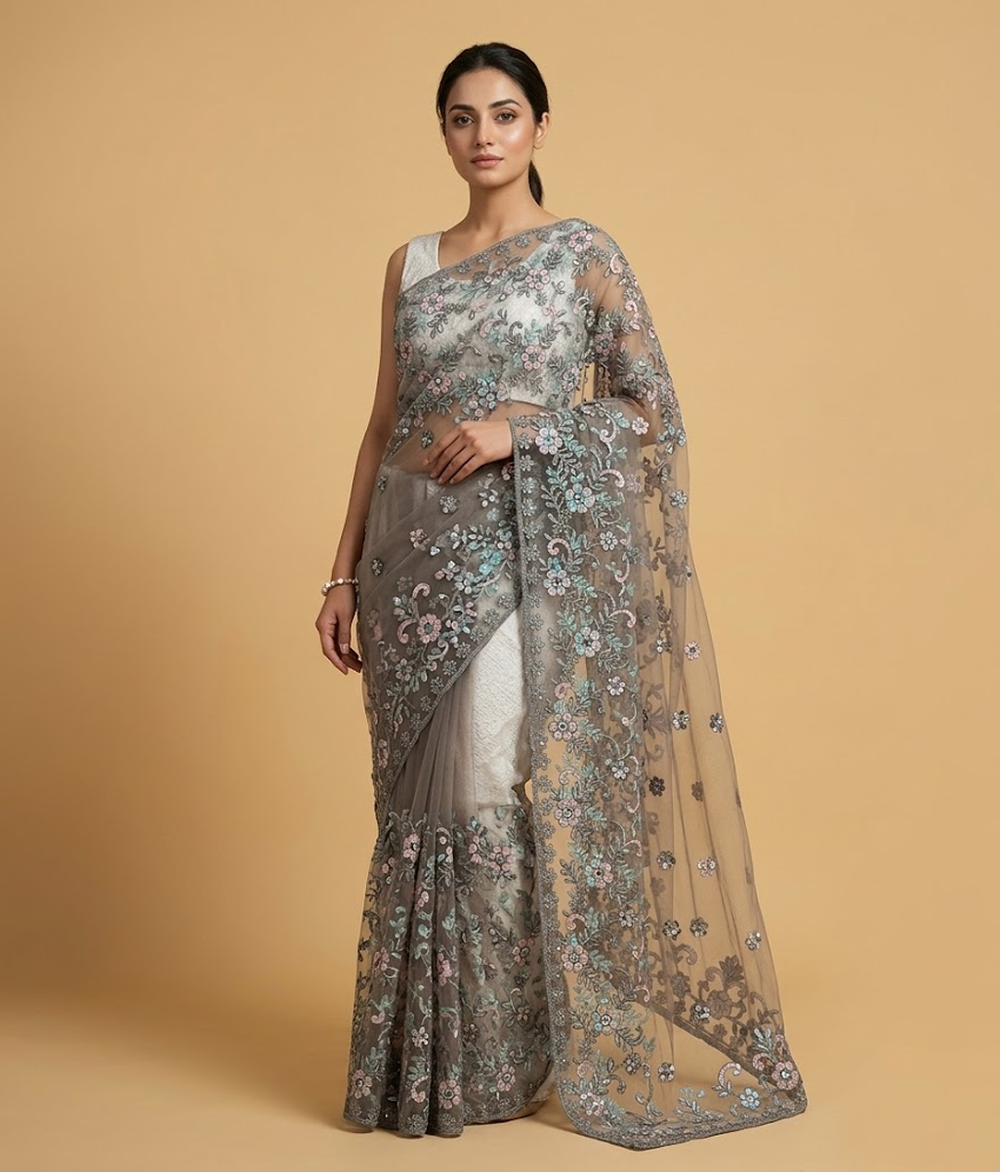 Grey Embroidered Multi-toned Net Saree