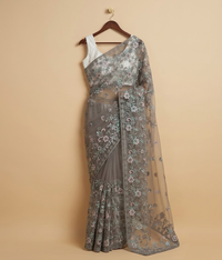 Grey Embroidered Multi-toned Net Saree