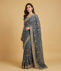 Grey Tilla & metallic threadwork Chiffon Saree