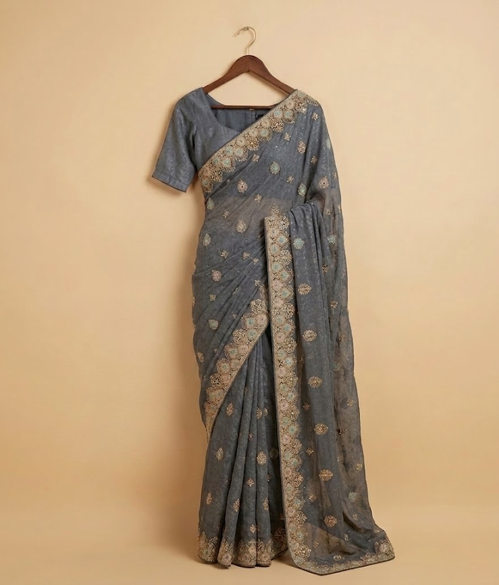 Grey Tilla & metallic threadwork Chiffon Saree