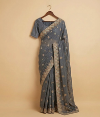 Grey Tilla & metallic threadwork Chiffon Saree