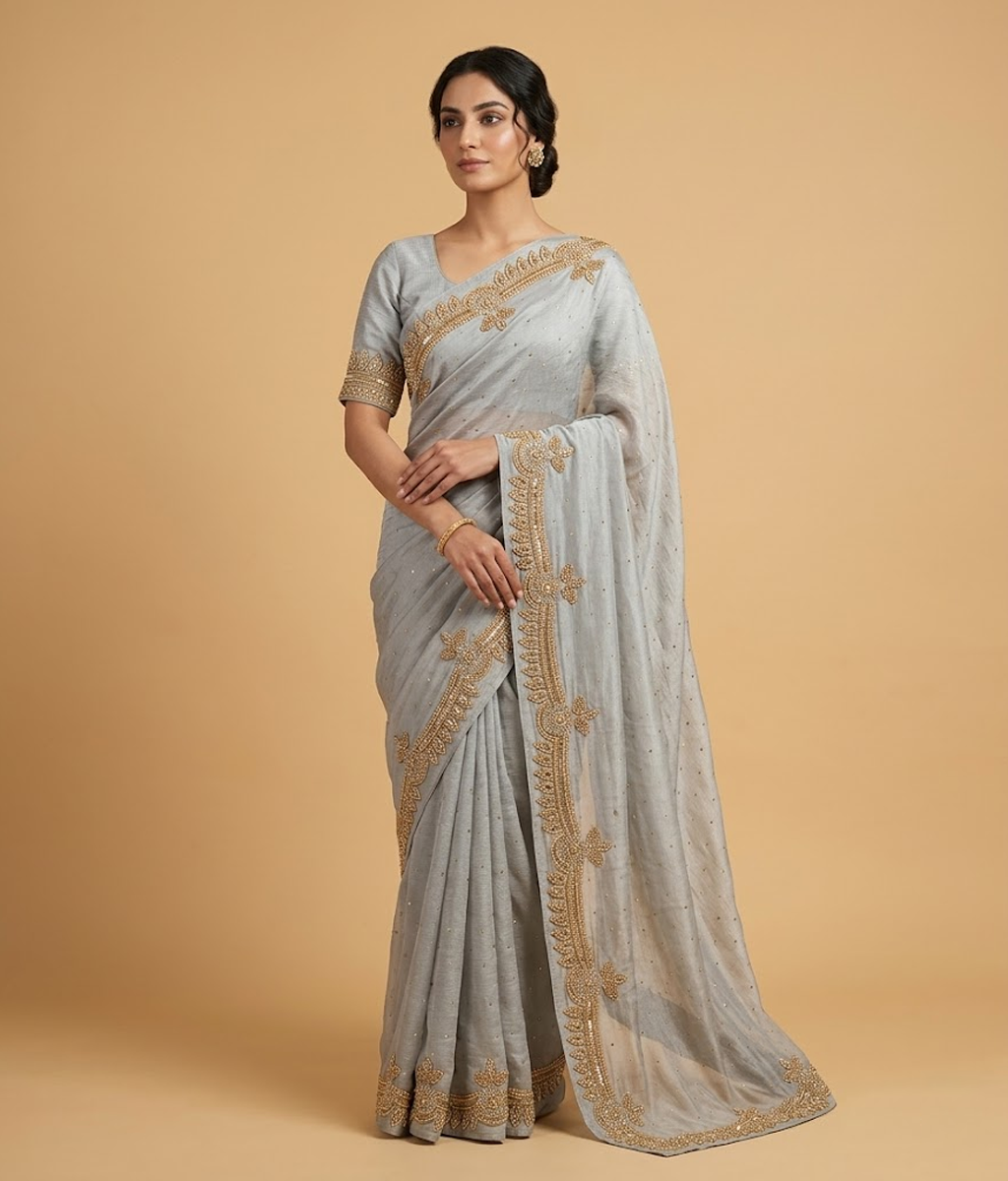 Grey Zardozi Tissue Silk Saree
