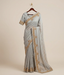 Grey Zardozi Tissue Silk Saree
