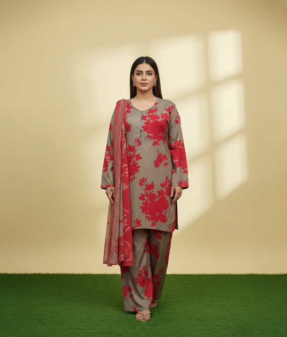 Grey and red arabic Lawn printed 3 piece