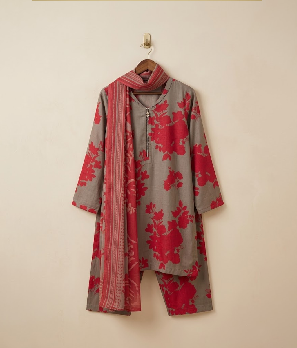 Grey and red arabic Lawn printed 3 piece