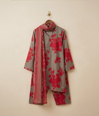 Grey and red arabic Lawn printed 3 piece