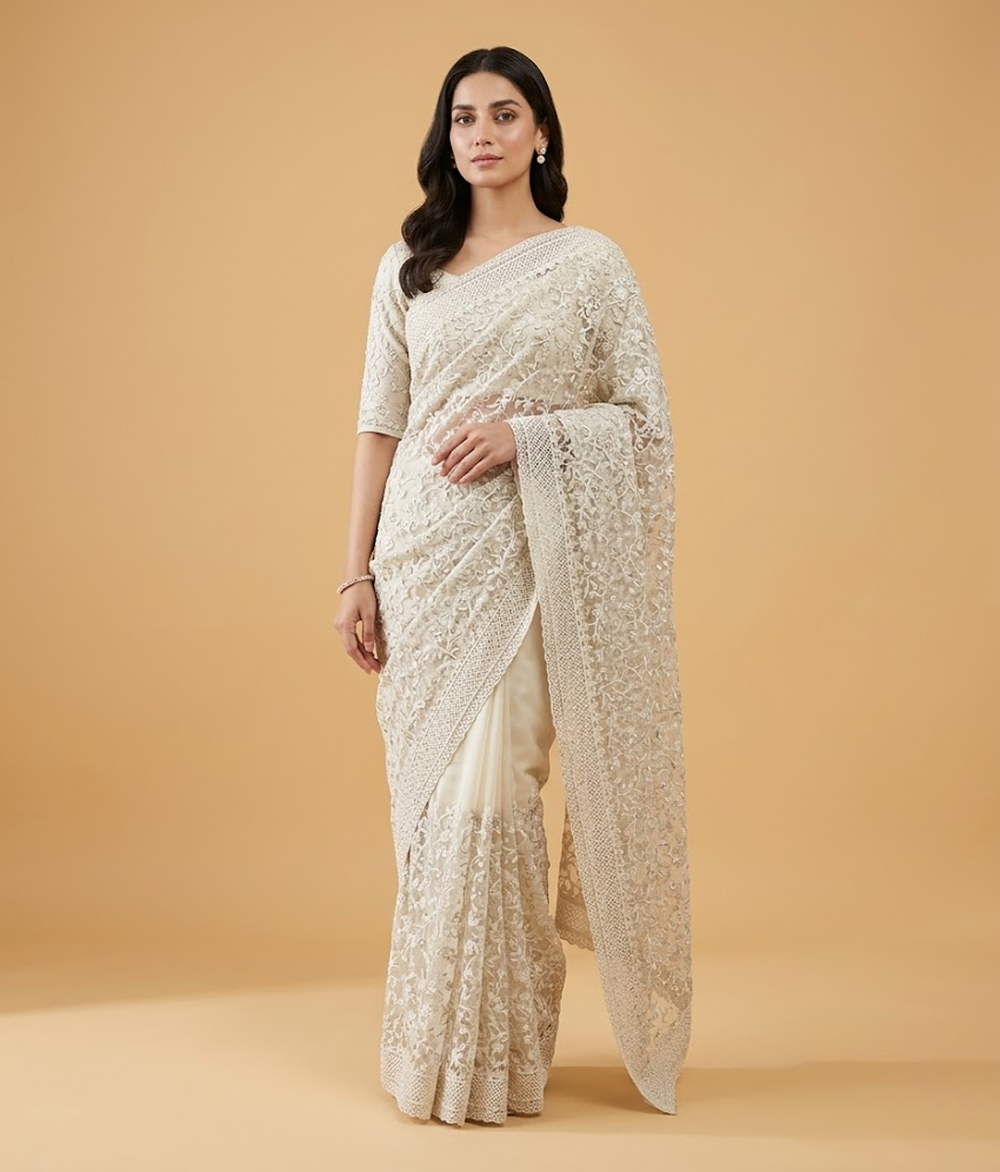 Grey and silver Embroidered Jaal Net Saree