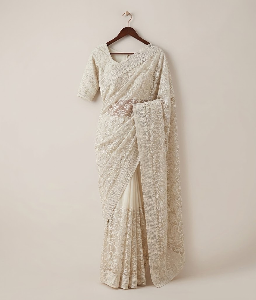 Grey and silver Embroidered Jaal Net Saree