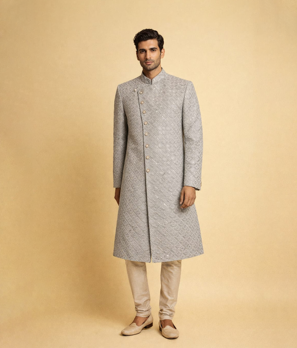 Grey sequin rawsilk Sherwani