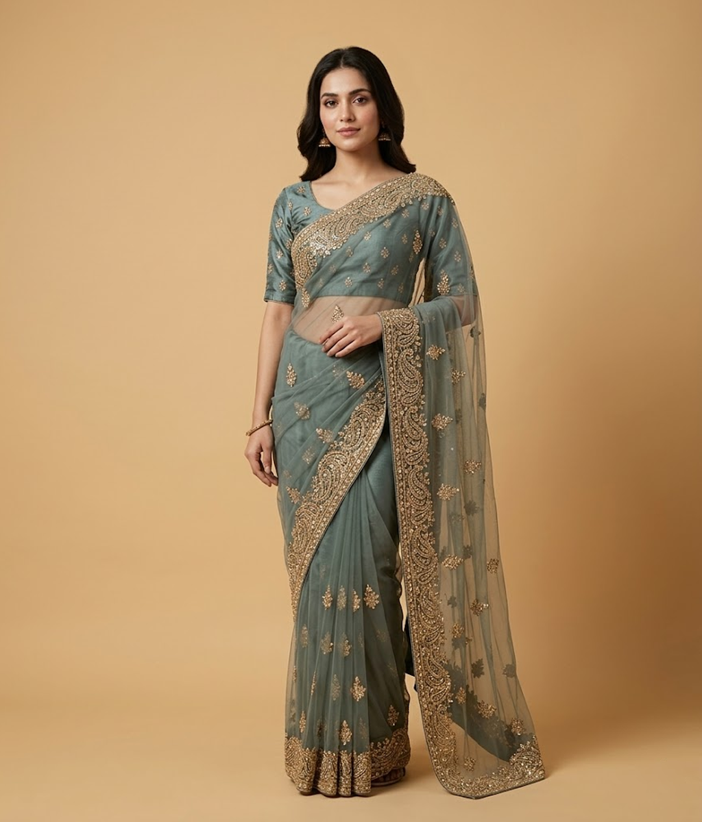 Greyish Green Net Saree with Silk Blouse