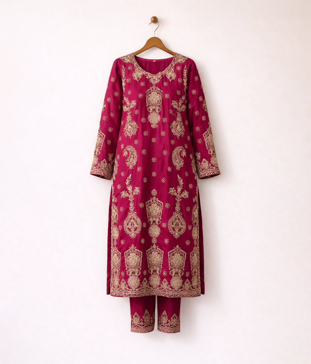 Hot Pink Raw Silk Suit with Tilla and Dabka Work