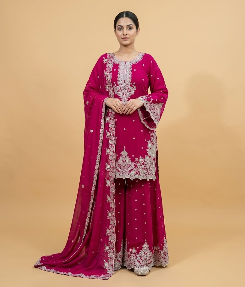 Hot Pink Silver Mukesh & Threadwork Gharara
