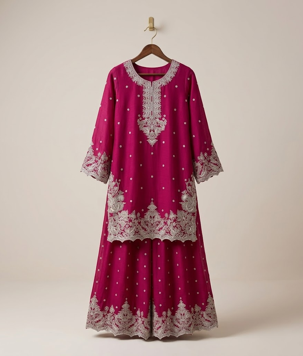 Hot Pink Silver Mukesh & Threadwork Gharara