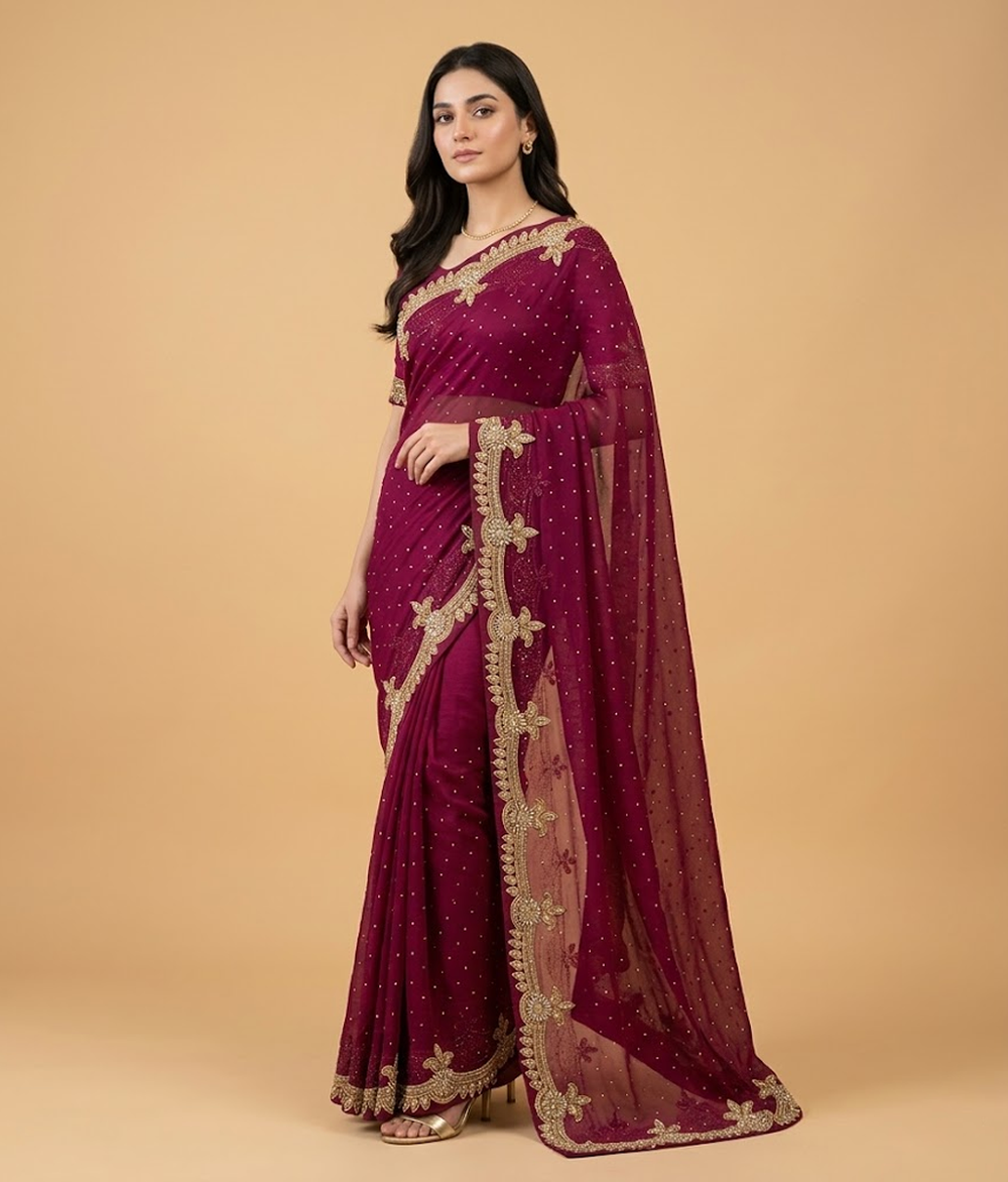 Hot Pink Zardozi Tissue Silk Saree